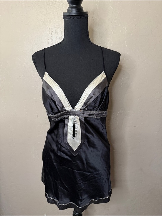 bebe Tops - Black and White Satin Chemise Slip with Embellished Trim